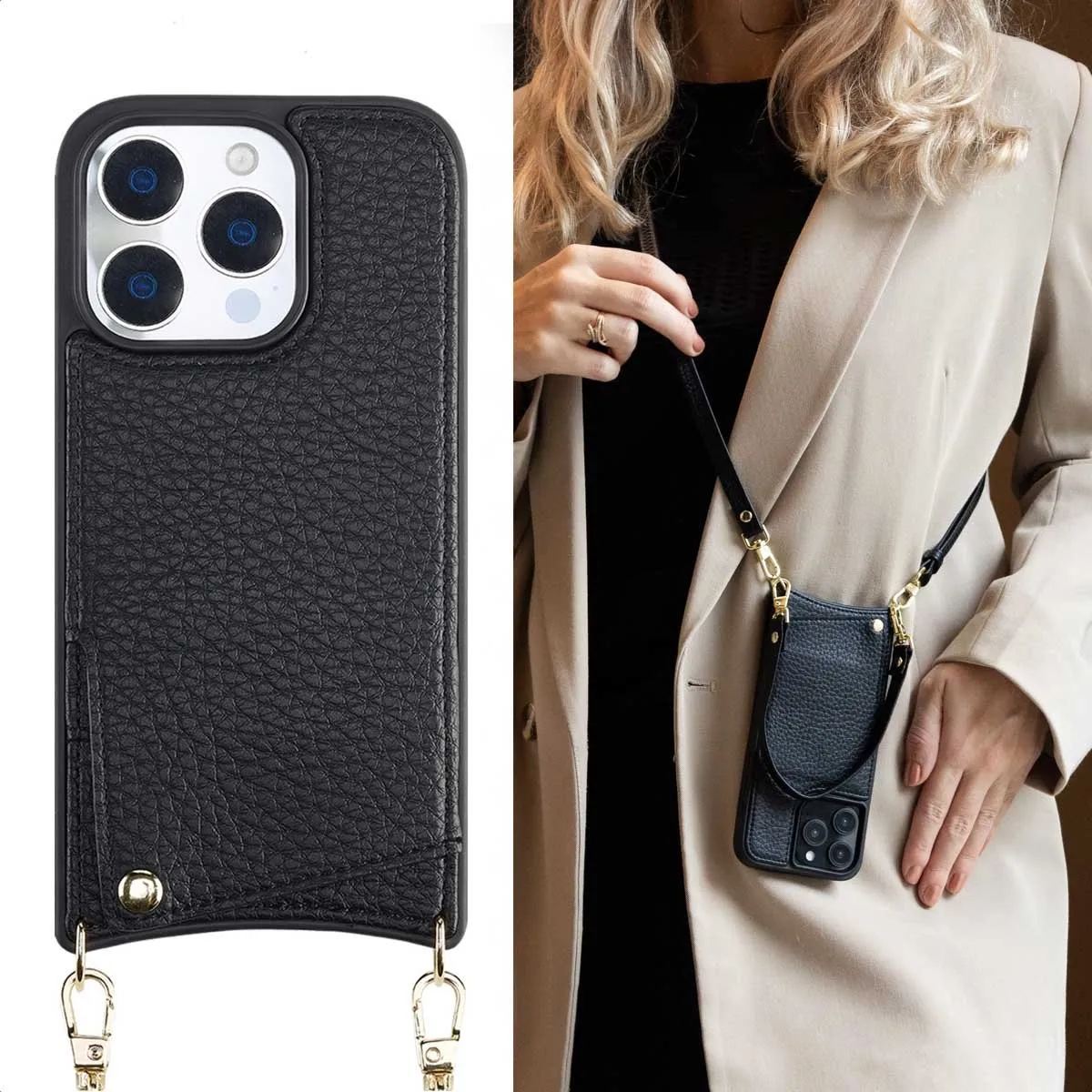 Selencia Hoesje iPhone 16 Pro - Backcover met koord - 2 Pasjes - Zwart