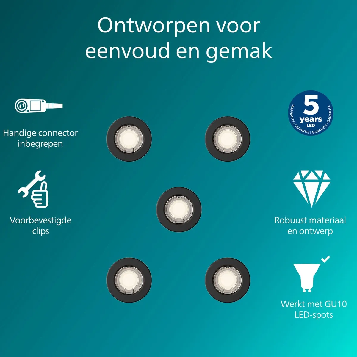 Philips Peridot Inbouwspot GU10 - 5 Stuks Zwart