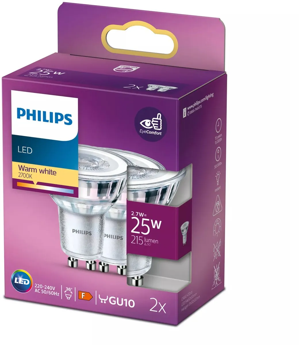 Philips LED Spot GU10 3.1W Warmwit - 2 Stuks