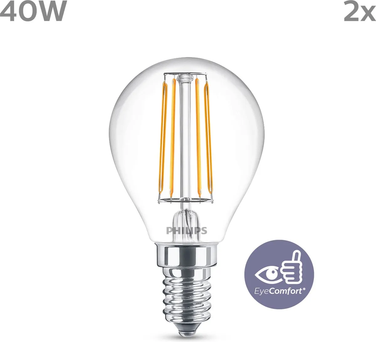 Philips LED Kogellamp E14 Warmwit 4.3W - 2 Stuks
