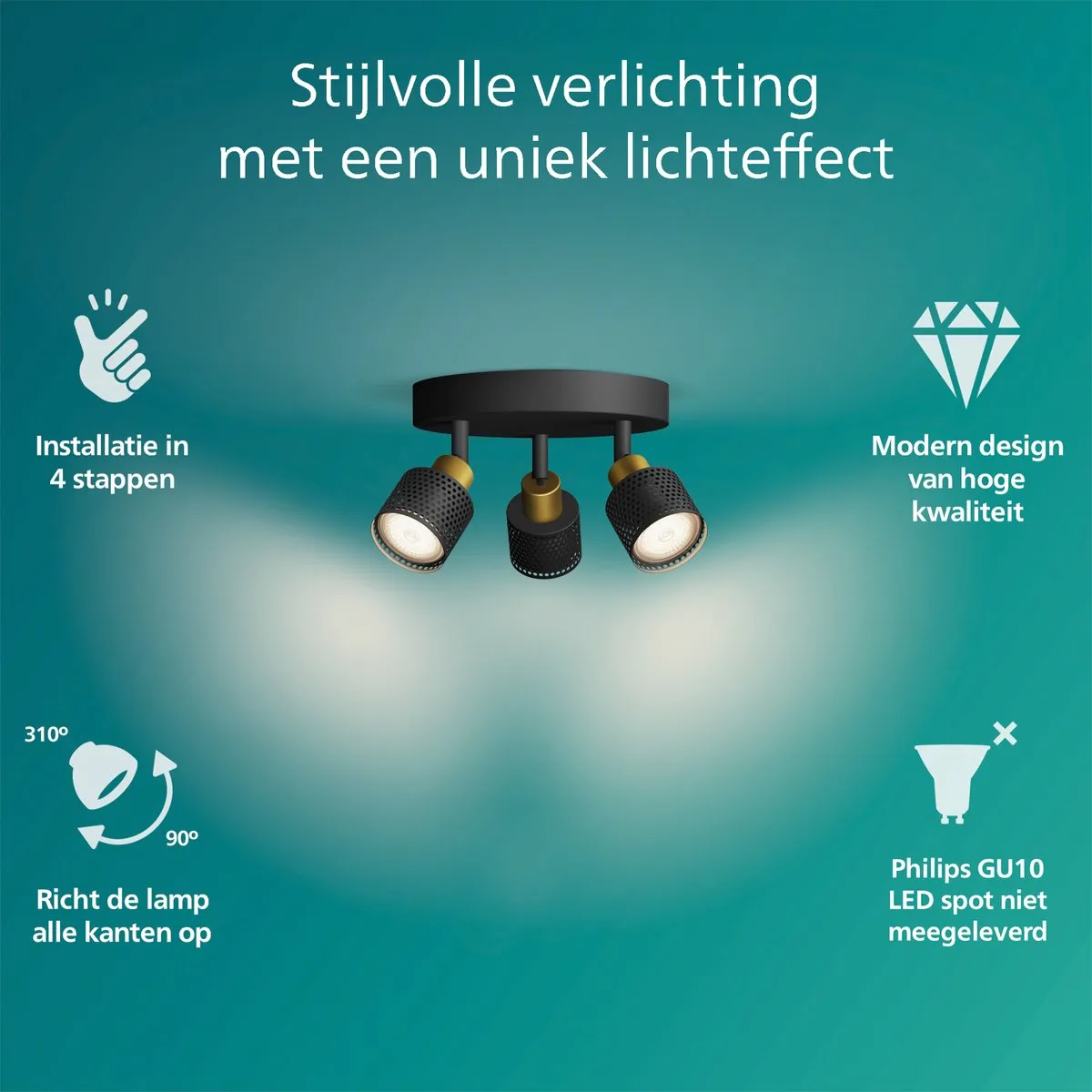 Philips Niall Spot Plafondspot 3x5W - Zwart/Messing