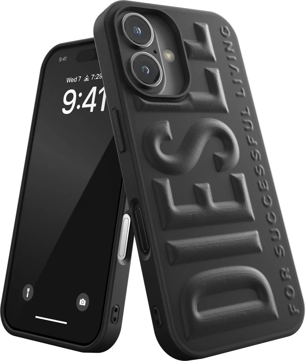 Diesel 3D Telefoonhoesje iPhone 16 – Zwart – 3D Logo – Valbescherming tot 2 Meter – Draadloos Opladen – Shockproof – Backcover – Origineel Diesel Accessoire met Diesel logo