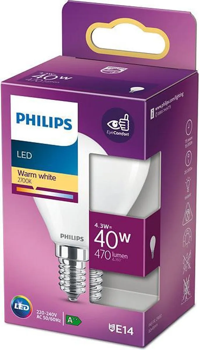 Philips LED Kogellamp 4.3W 470lm E14 - 4 Stuks