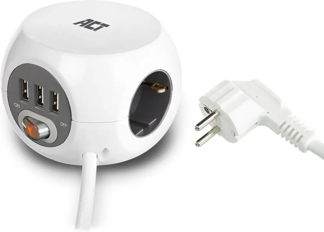 ACT Vierkante stekkerdoos AC2405 - 3x F-stopcontacten 3x USB-A - 3680W - Wit - afbeelding 5 van 6