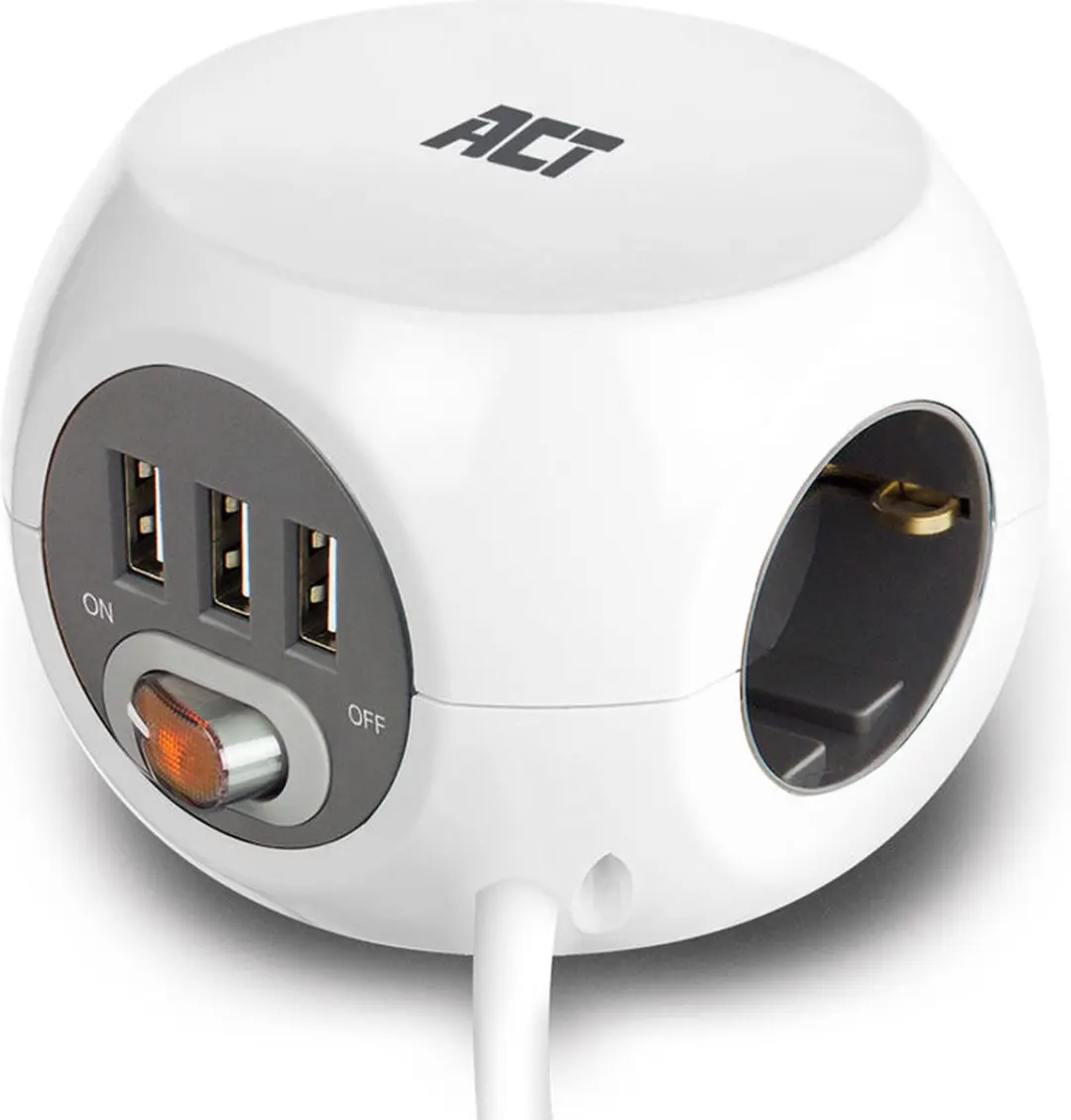 ACT Vierkante stekkerdoos AC2405 - 3x F-stopcontacten 3x USB-A - 3680W - Wit - afbeelding 2 van 6