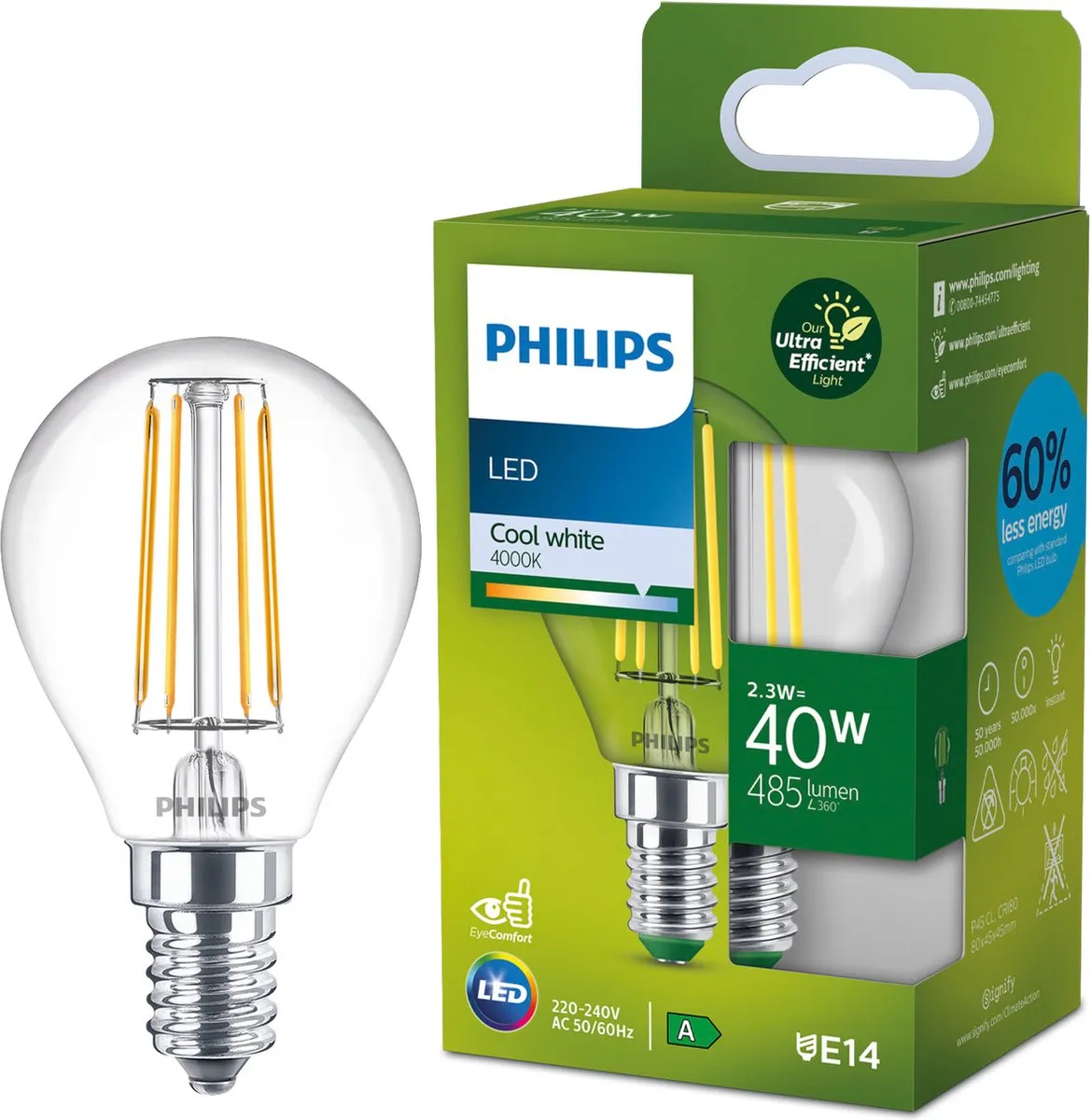 Philips Ultra Efficient LED Kogellamp 2.3W E14