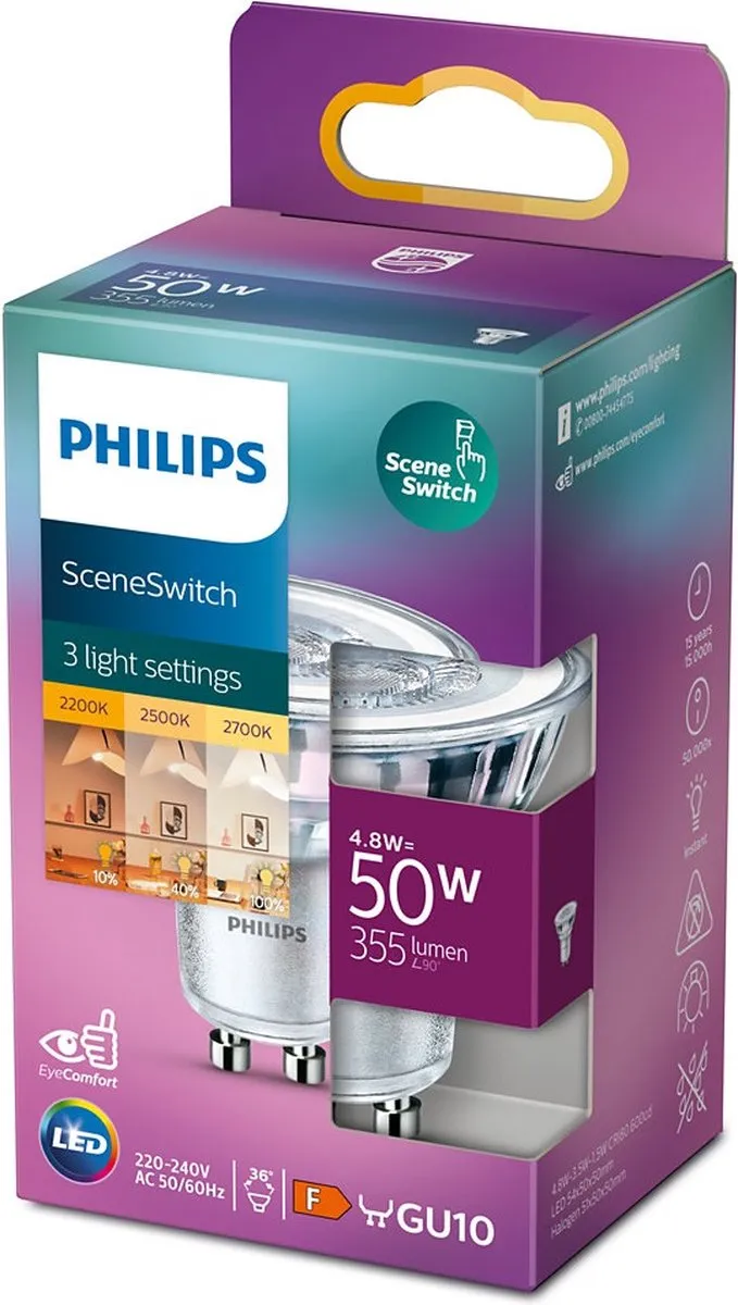 Philips SceneSwitch LED GU10 4.8W-3.5W-1.5W - 4 Stuks - Extra Warm Wit