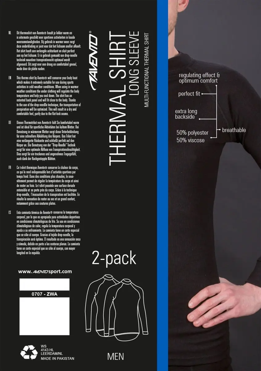 Avento Thermoshirt Lange Mouw Heren - 2 Stuks - XL - Zwart