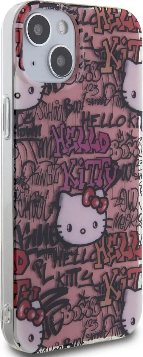 Hello Kitty iPhone 15 Plus TPU Hoes - Graffiti Tags Roze