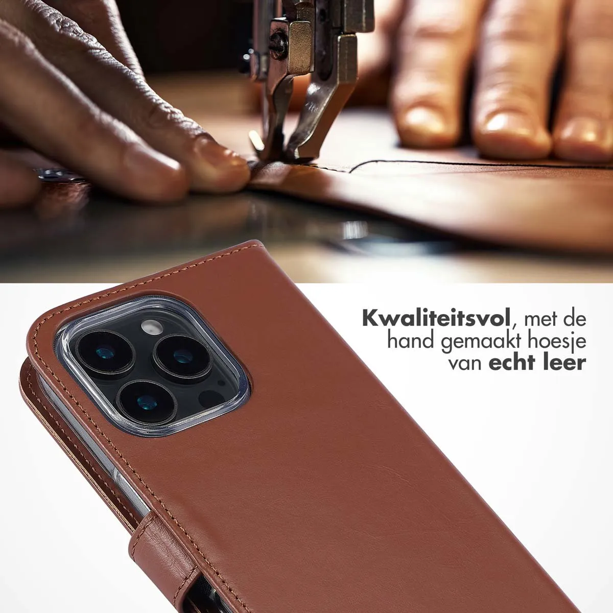 Selencia Hoesje iPhone 16 Pro Max Lichtbruin - Lederen Bookcase - 3 Pasjes