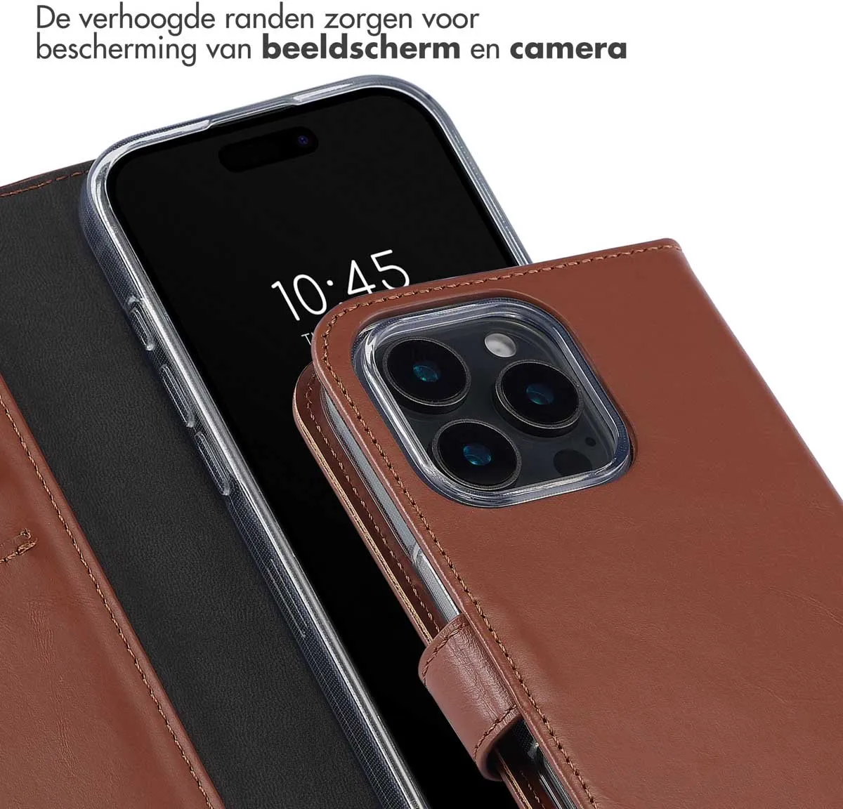 Selencia Hoesje iPhone 16 Pro Max Lichtbruin - Lederen Bookcase - 3 Pasjes