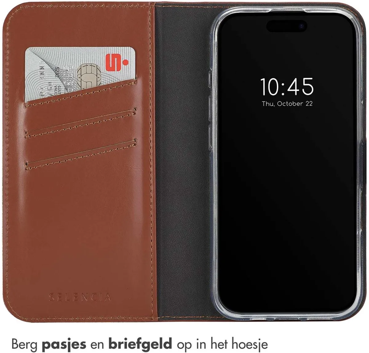 Selencia Hoesje iPhone 16 Pro Max Lichtbruin - Lederen Bookcase - 3 Pasjes