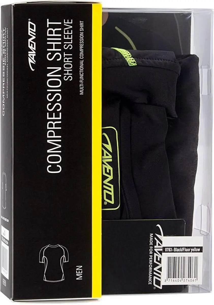 Avento Compressieshirt Korte Mouw - Maat L - Zwart/Fluorgeel