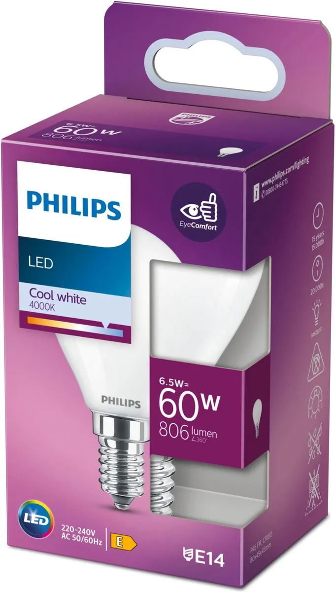 Philips LED Kogellamp E14 6,5W Koelwit Mat