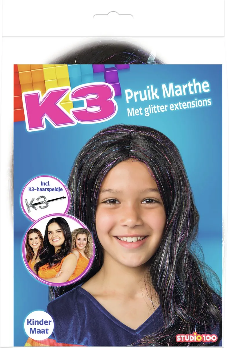 K3 verkleedaccessoire - pruik Marthe - met glitter extensions en speld
