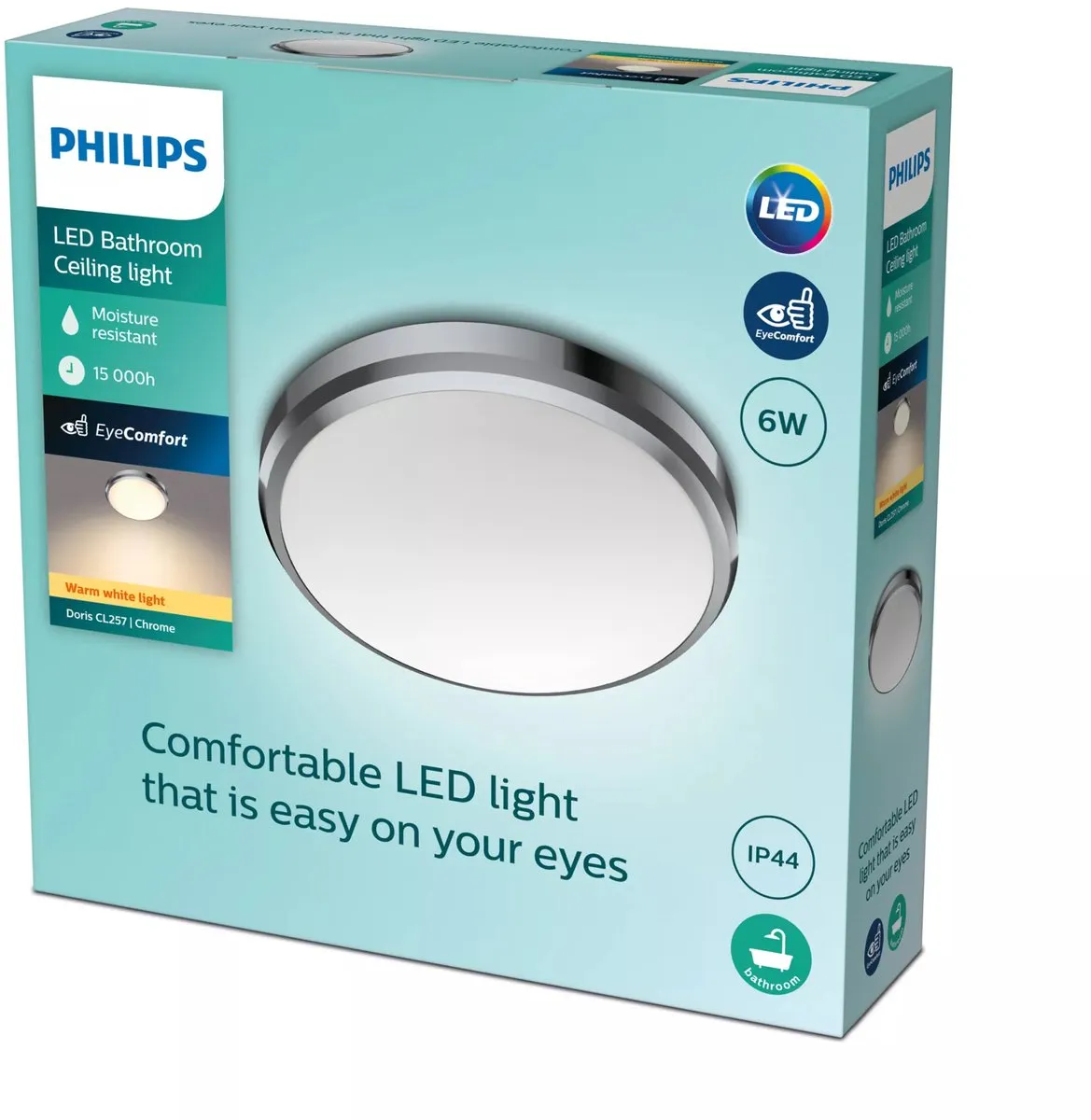 Philips Doris Badkamerplafonnière 6W - Ø22cm - Chroom