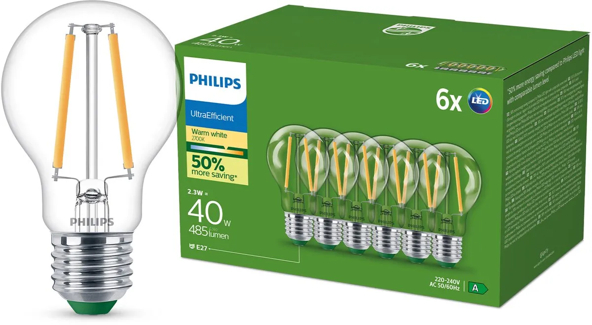 Philips UltraEfficient LED Lamp E27 2.3W Warmwit - 6 Stuks