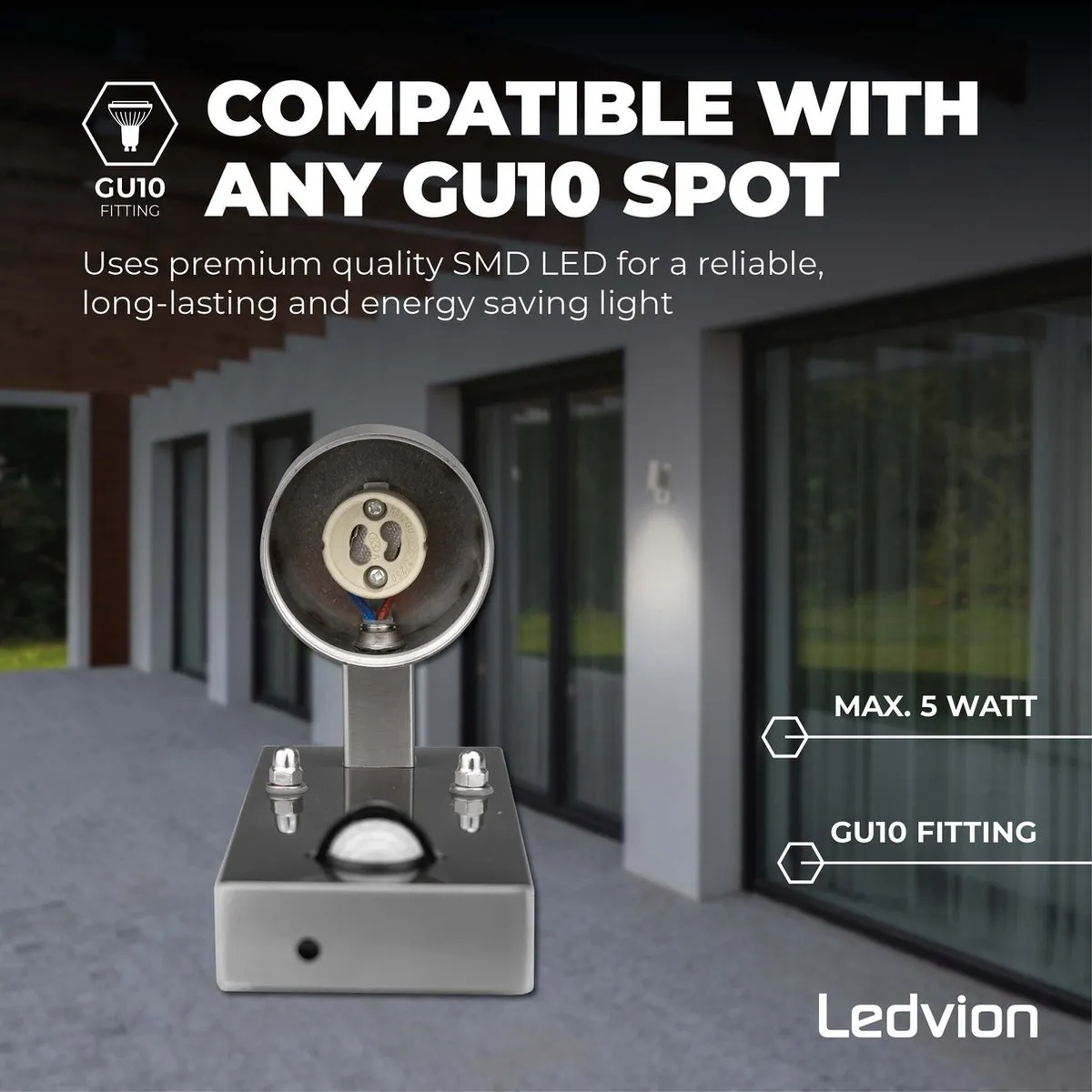 Ledvion LED Wandlamp met Sensor GU10 5W - IP44 - Grijs RVS