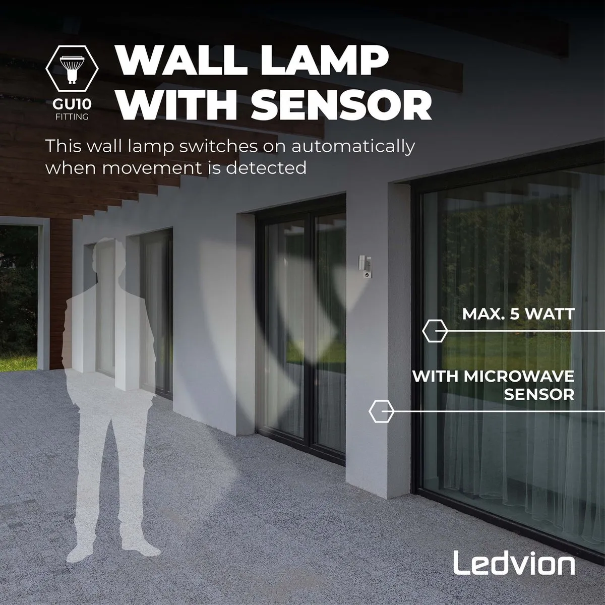 Ledvion LED Wandlamp met Sensor GU10 5W - IP44 - Grijs RVS