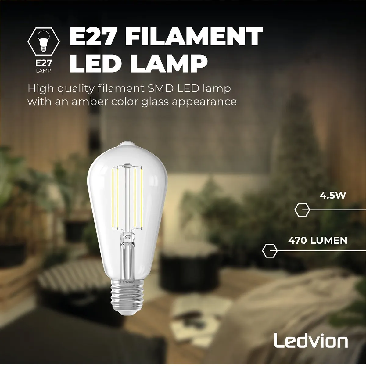 LEDVION E27 LED Lamp 4.5W - 2300K - Helder - afbeelding 6 van 6