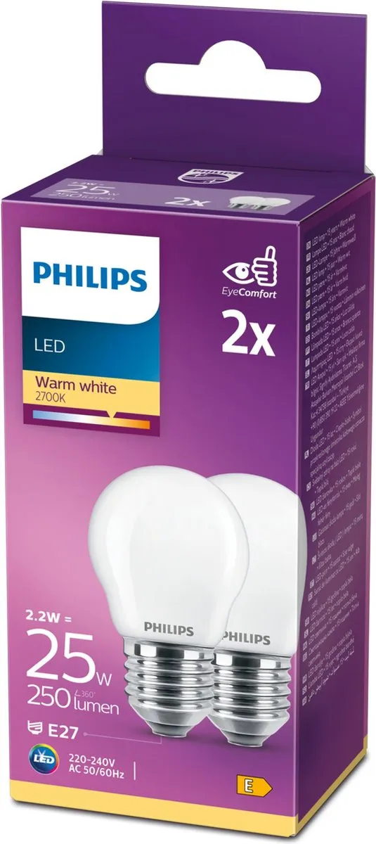 Philips LED E27 2.2W Warm Wit Mat - 2 Stuks