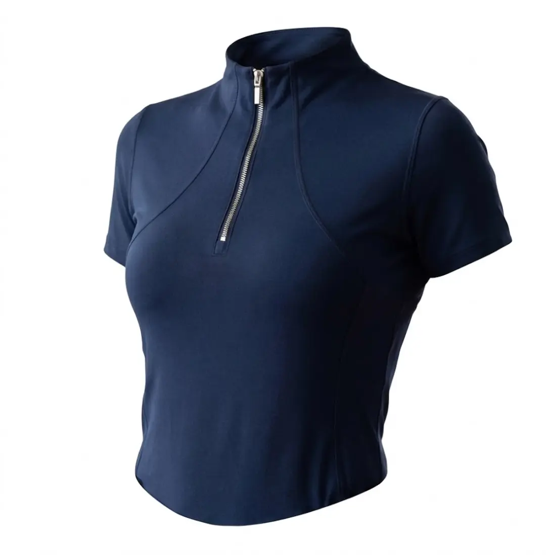 Marineblauw Ruitershirt Dames Korte Mouwen Staande Kraag Halve Rits Slim Fit Eff