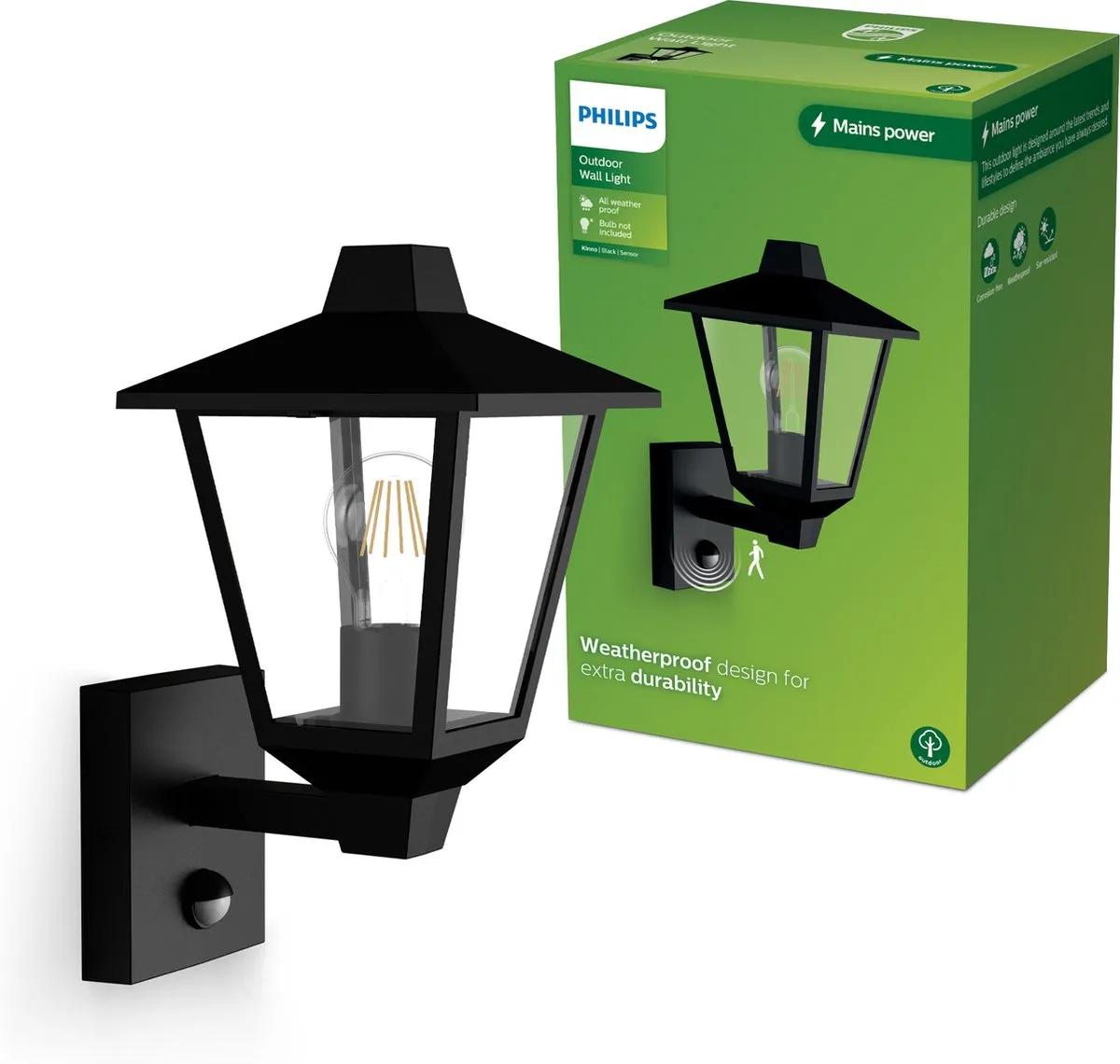 Philips Kinno Wandlamp - Buitenlamp - Bewegingssensor - Zwart - E27 fitting - Maximaal 25W - Weerbestendig; IP44 - Staande wandlamp