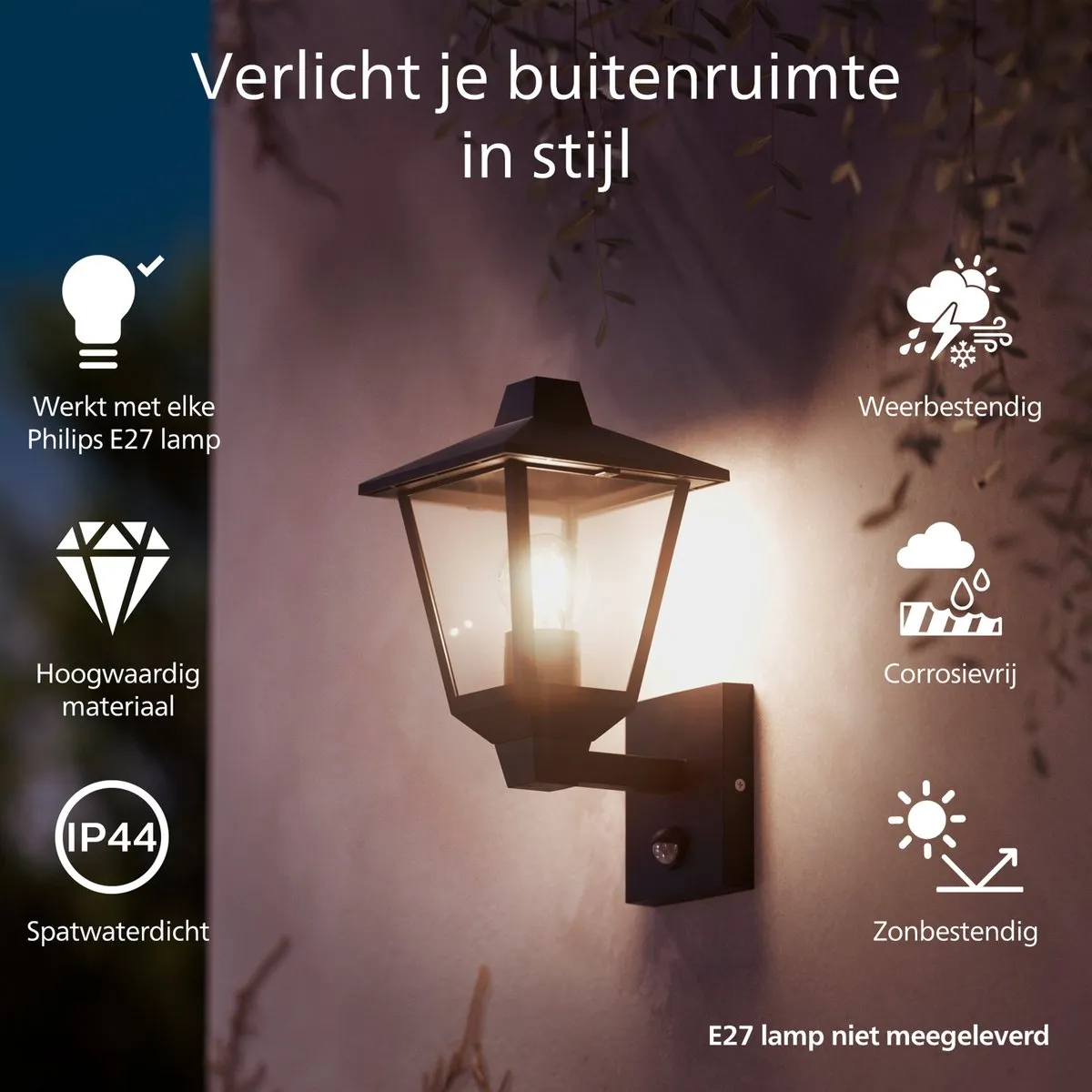 Philips Kinno Wandlamp - Buitenlamp - Bewegingssensor - Zwart - E27 fitting - Maximaal 25W - Weerbestendig; IP44 - Staande wandlamp