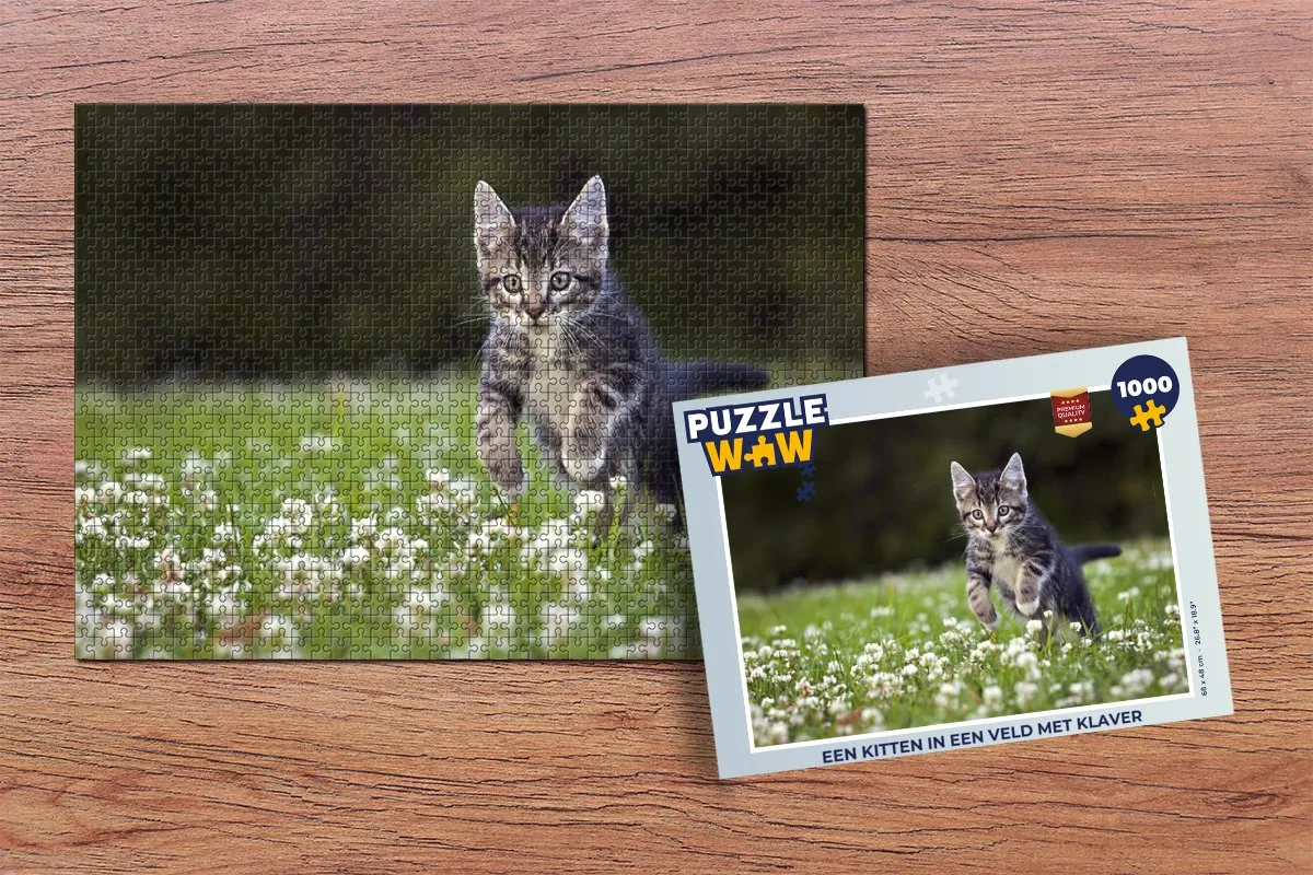 PuzzleWow Legpuzzel Een kitten in een veld met klaver 1000 Stuks - Multicolor