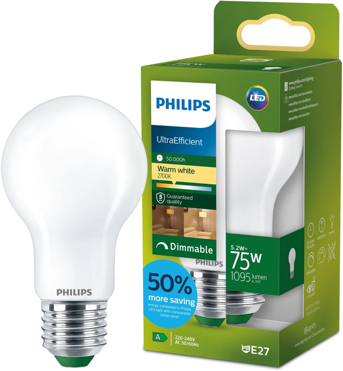 Philips UltraEfficient LED A60 5.2W E27 Warmwit Mat