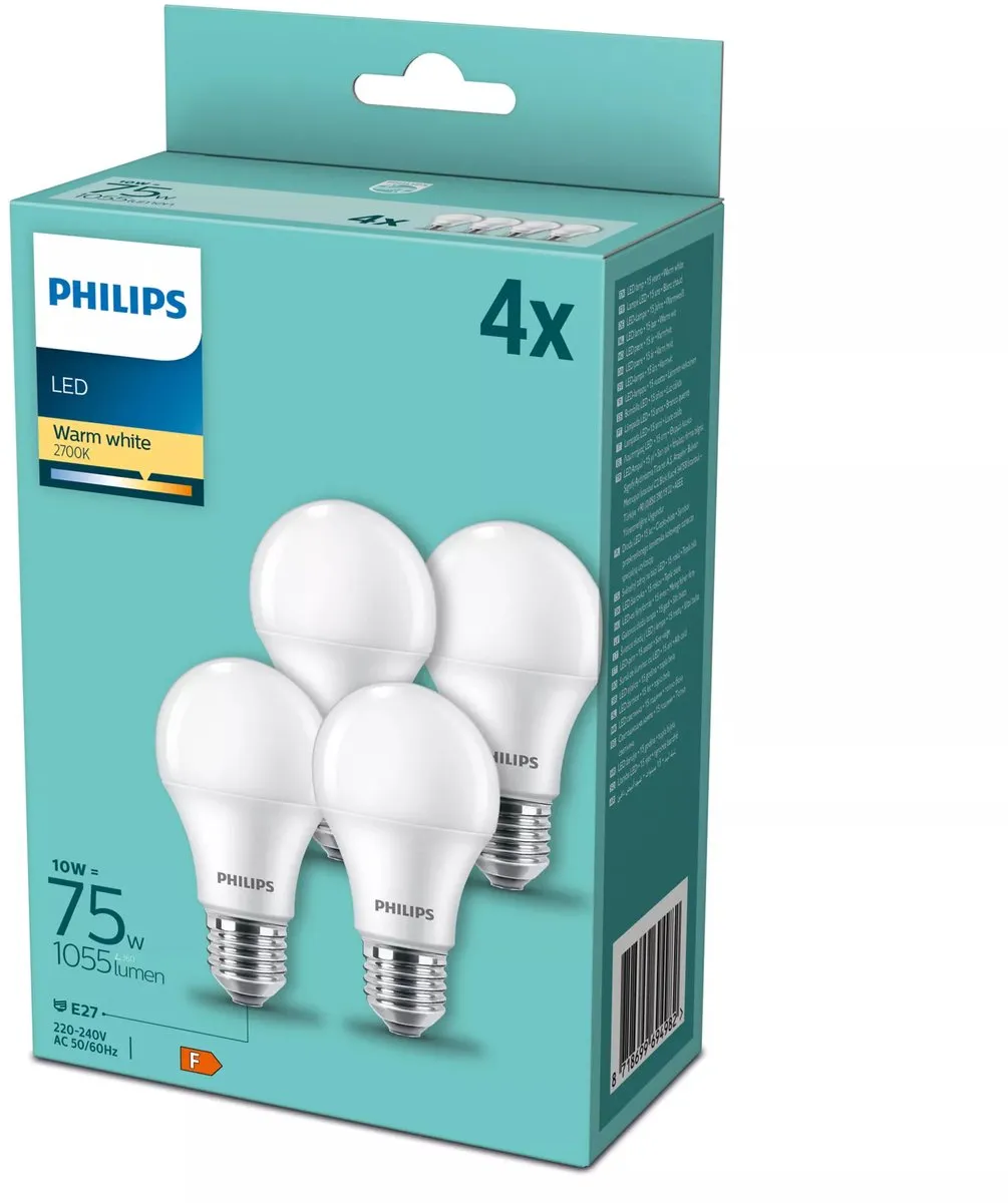 Philips CorePro LEDbulb A60 E27 10W 2700K - 4 Stuks - Mat