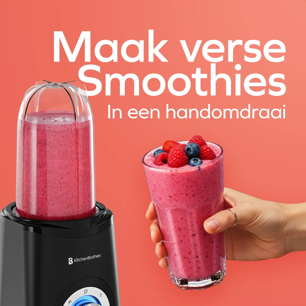 KitchenBrothers Smoothie Blender 2-in-1 - 4 Bekers - 300W - Zwart