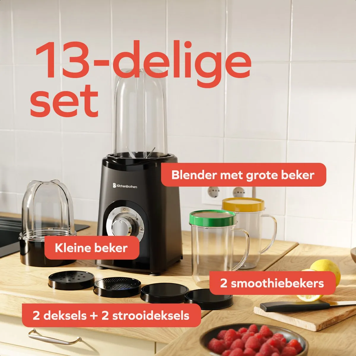 KitchenBrothers Smoothie Blender 2-in-1 - 4 Bekers - 300W - Zwart