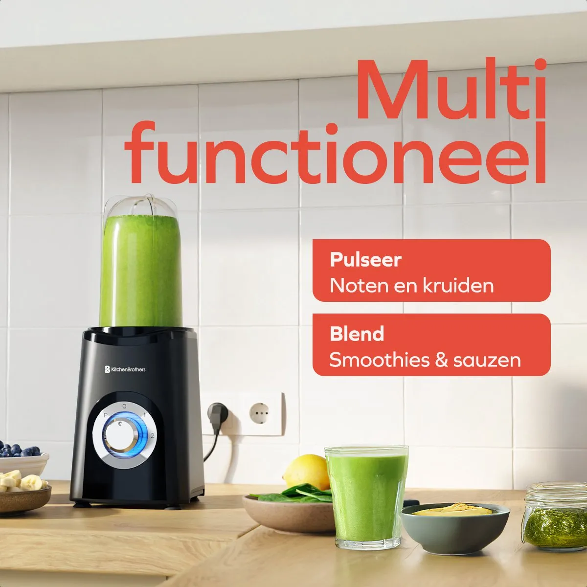 KitchenBrothers Smoothie Blender 2-in-1 - 4 Bekers - 300W - Zwart