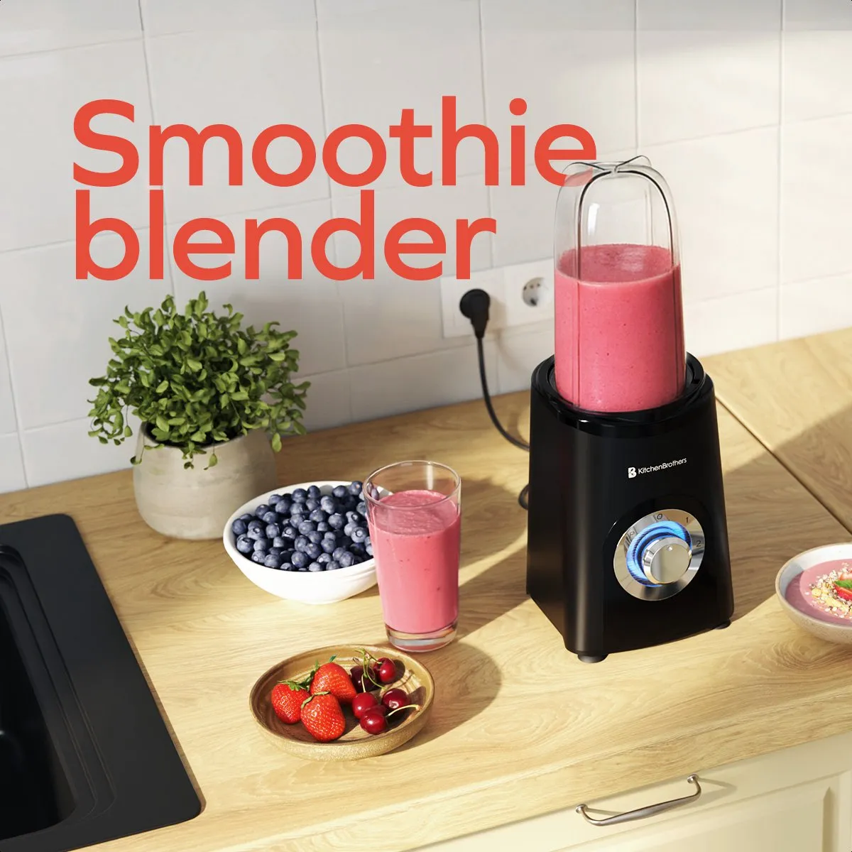 KitchenBrothers Smoothie Blender 2-in-1 - 4 Bekers - 300W - Zwart