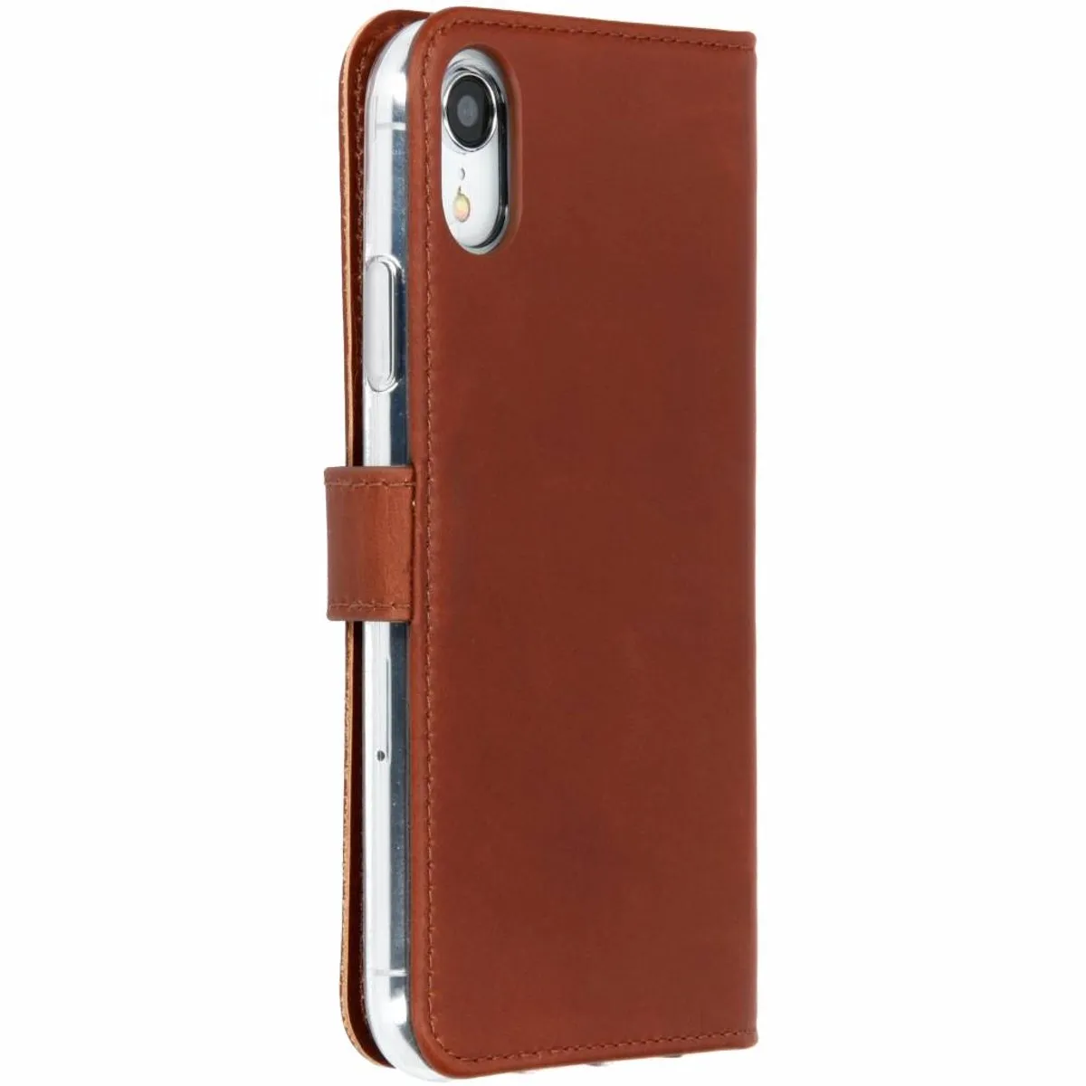 Selencia Hoesje iPhone XR - Echt Lederen Bookcase Lichtbruin - 3 Pasjes