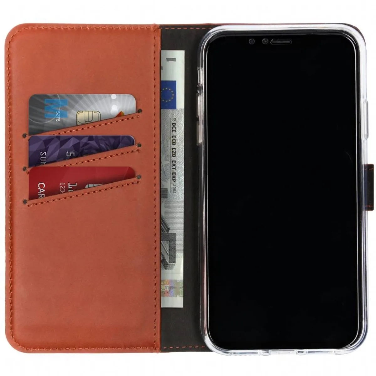 Selencia Hoesje iPhone XR - Echt Lederen Bookcase Lichtbruin - 3 Pasjes