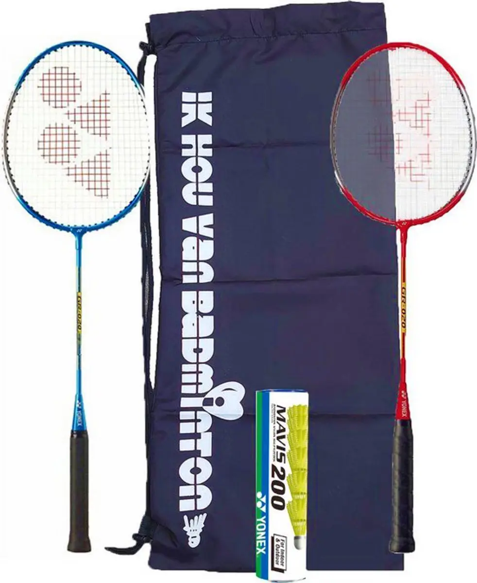 Yonex recreatieve badmintonset met draagtas: 2 Yonex GR-020 met 6 Mavis 200 geel