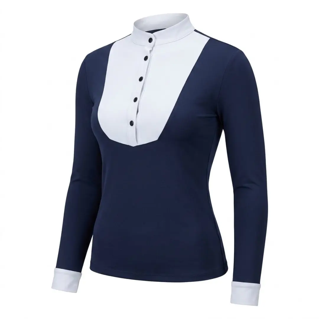 Koningsblauw Ruitershirt Dames Lange Mouwen Opstaande Kraag Hoge Stretch Slim Fi