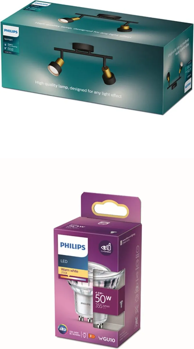 Philips Conduit Opbouwspot GU10 - 2x 4.6W Warmwit - Zwart/Goud