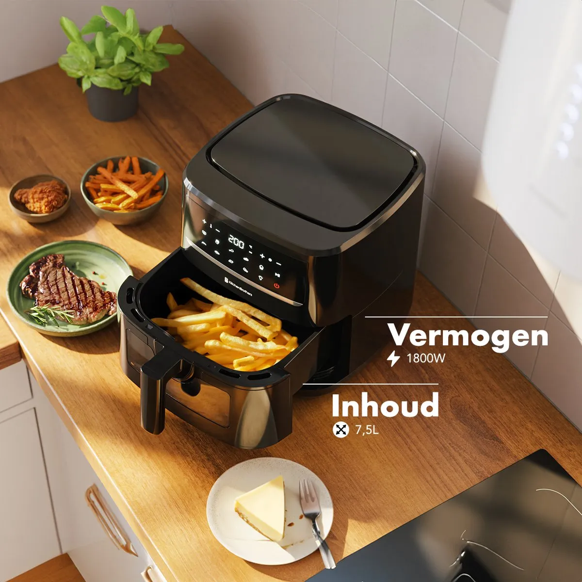 KitchenBrothers Airfryer XXL 1800W 7.5L - Zwart