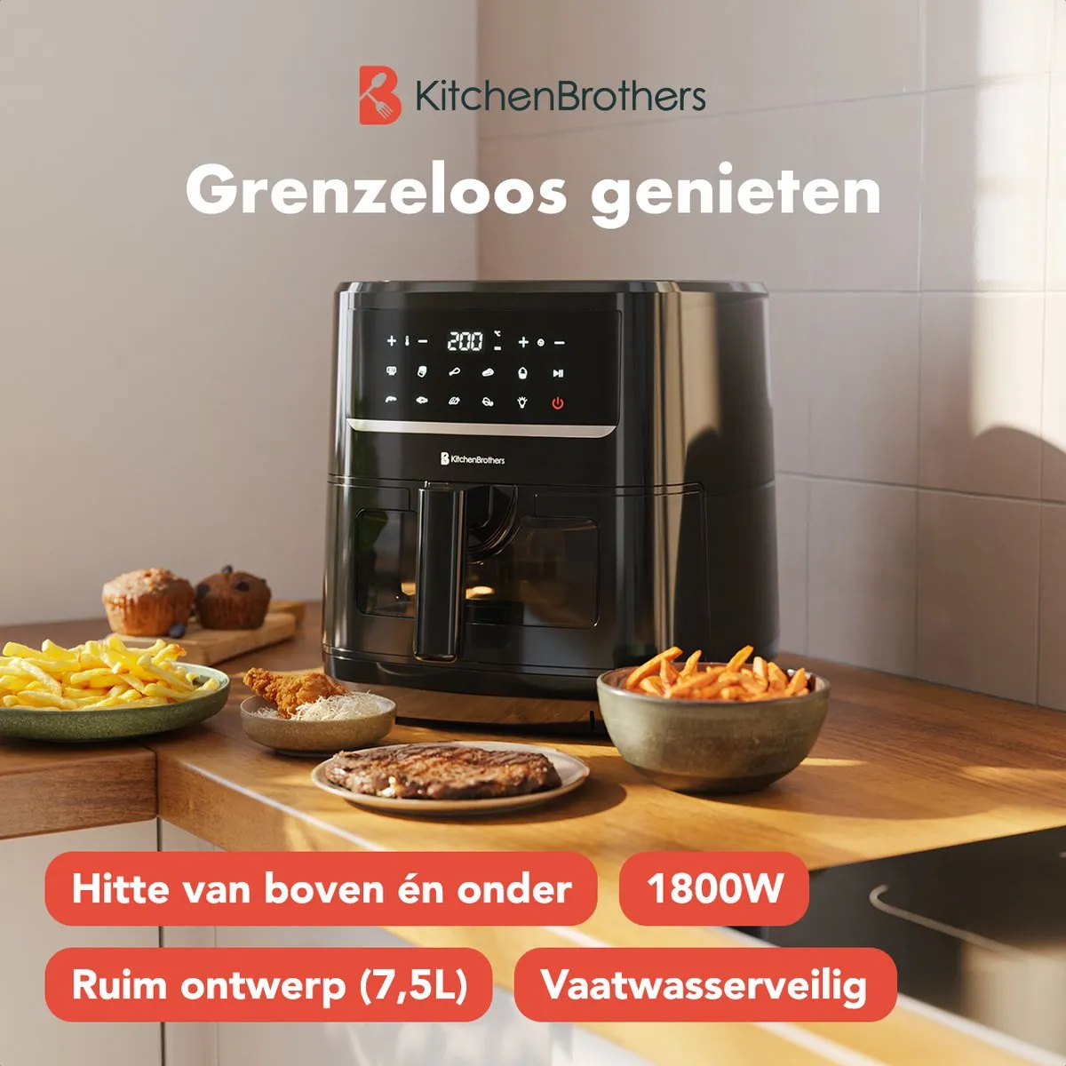 KitchenBrothers Airfryer XXL 1800W 7.5L - Zwart