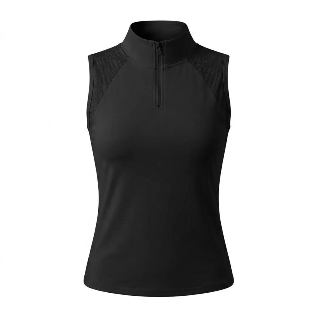 Black dames tennis tanktop maat L met opstaande kraag en halve ritssluiting