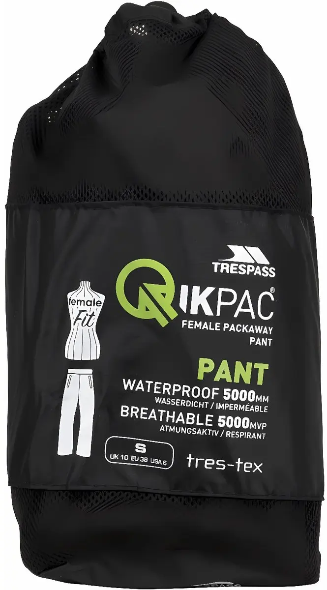 Trespass Qikpac Regenbroek Dames XS - Zwart