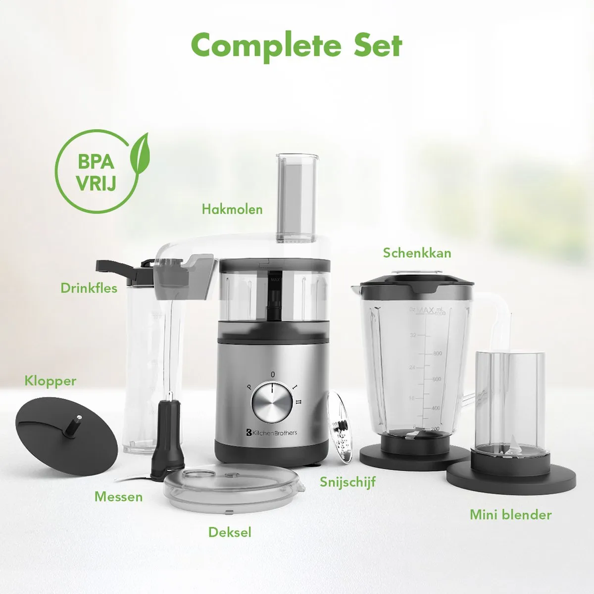 KitchenBrothers Foodprocessor 5-in-1 400W - RVS/Zwart