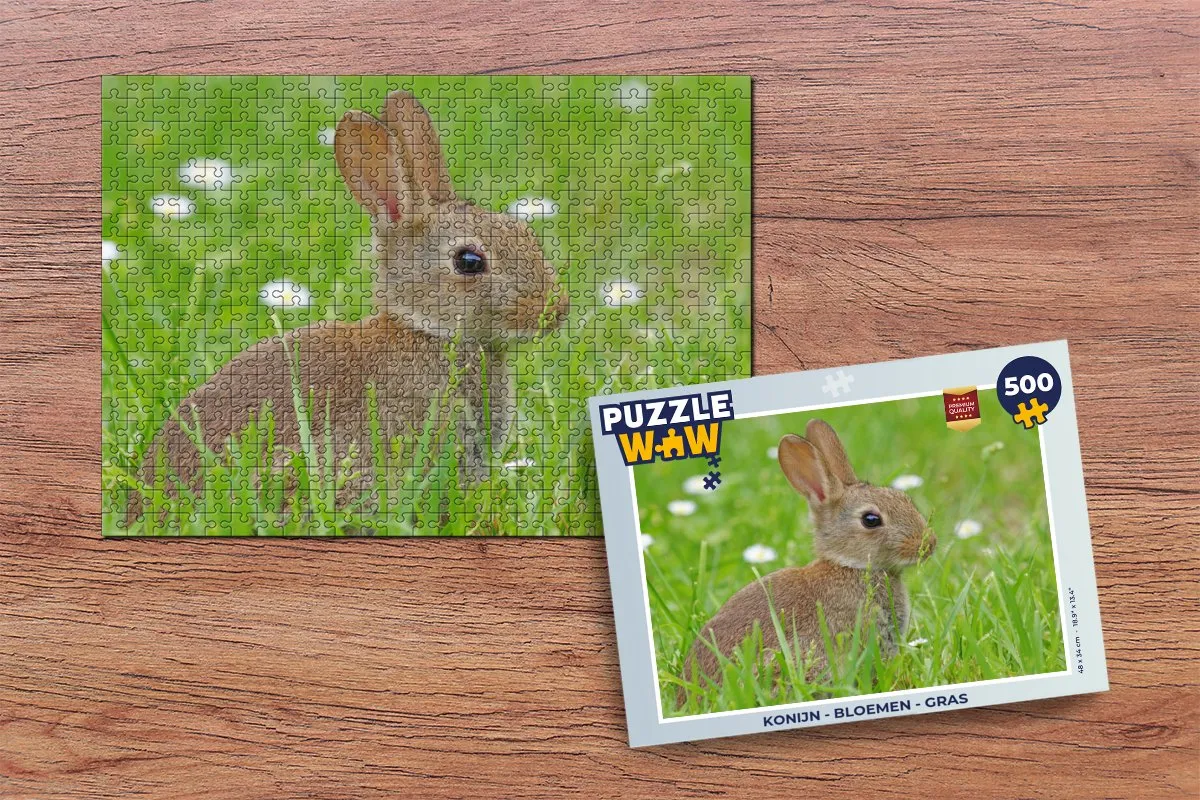 PuzzleWow Konijn Bloemen Gras Legpuzzel 500 Stuks - Multicolor