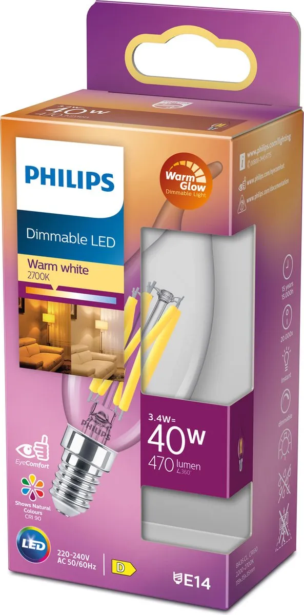 Philips LED Kaars Transparant 3.4W E14 - Warmwit
