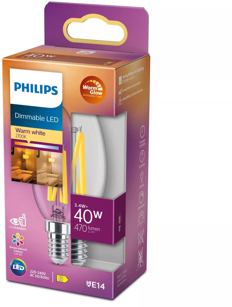 Philips LED Kaars Transparant 3.4W E14 - Warmwit