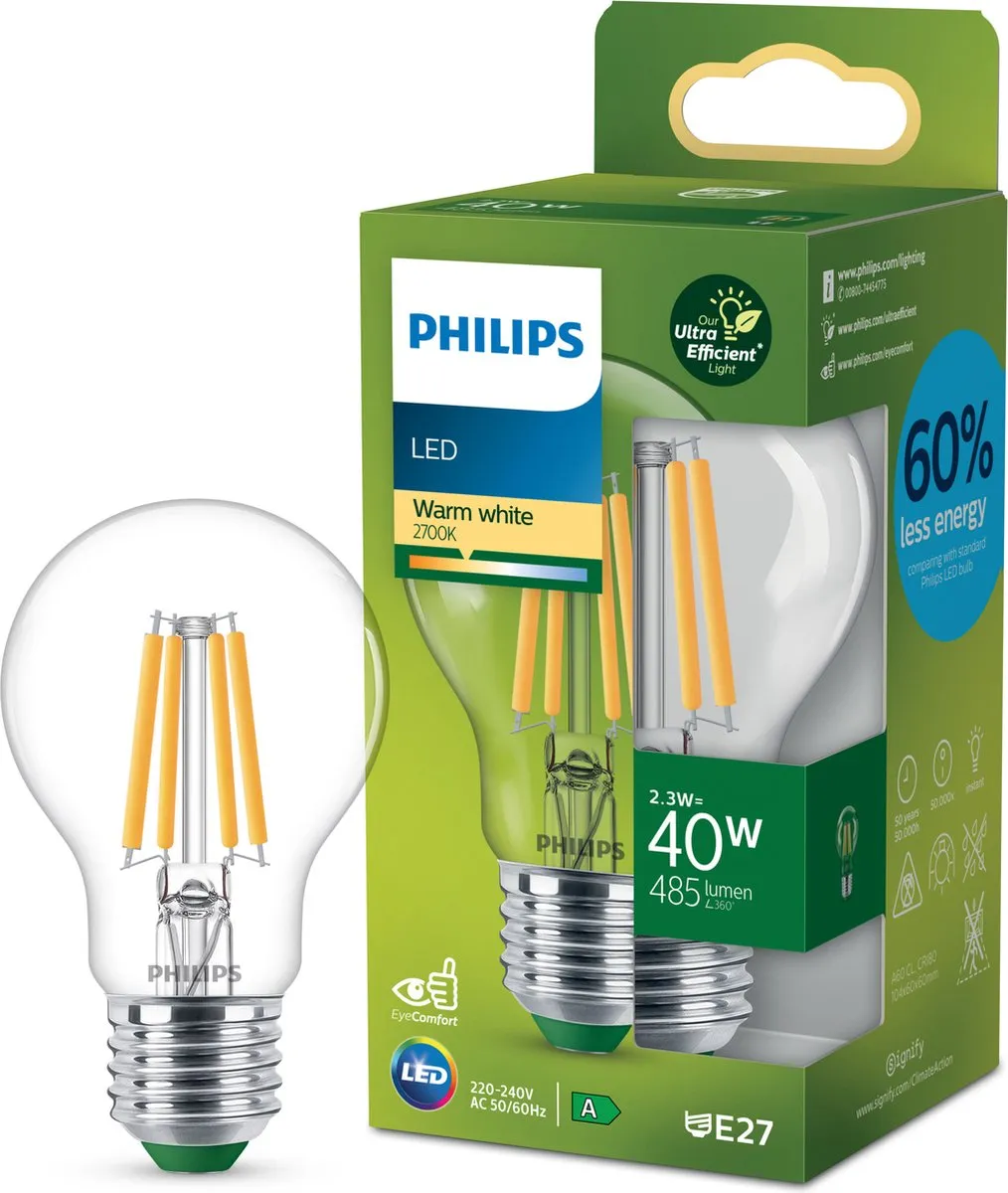 Philips Ultra Efficient LED Transparant 4W E27