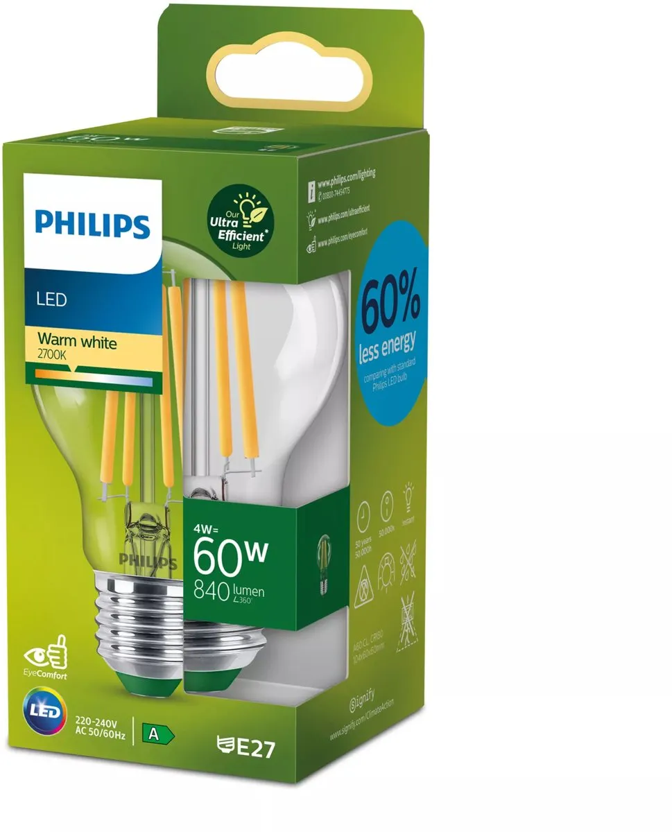 Philips Ultra Efficient LED Transparant 4W E27 - Warmwit 2700K